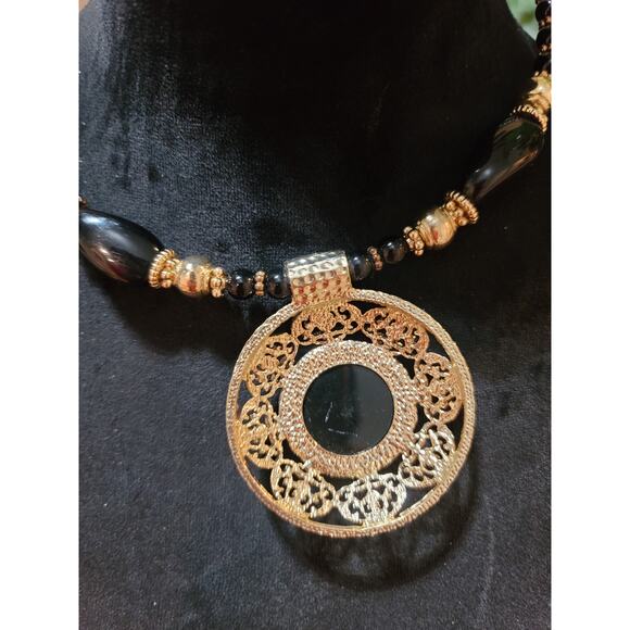 Womens Black Beaded Necklace With Large Gold Filigree Pendant By Sophia And Kate - Picture 8 of 8